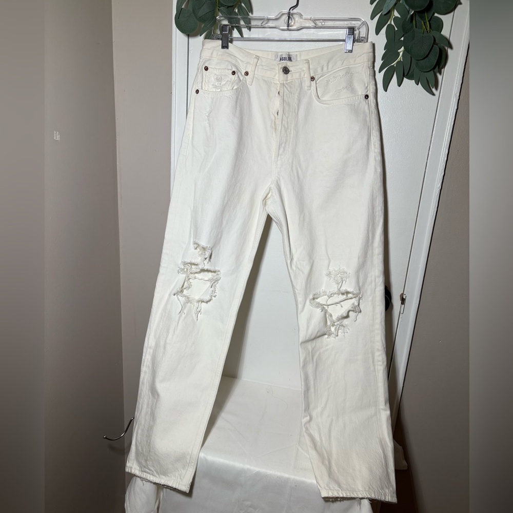 AGOLDE 90’S Mid-Rise Loose Fit Women’s Off-White Distressed Jeans Size 28